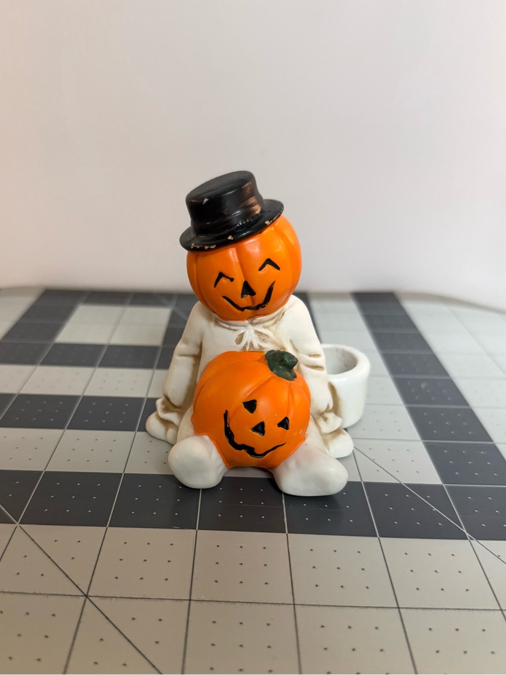 Halloween Ceramic Pumpkin Figurine Candle Holder - White and Orange